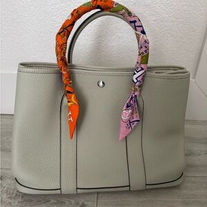 Gray Leather Tote with Twilly Scarf